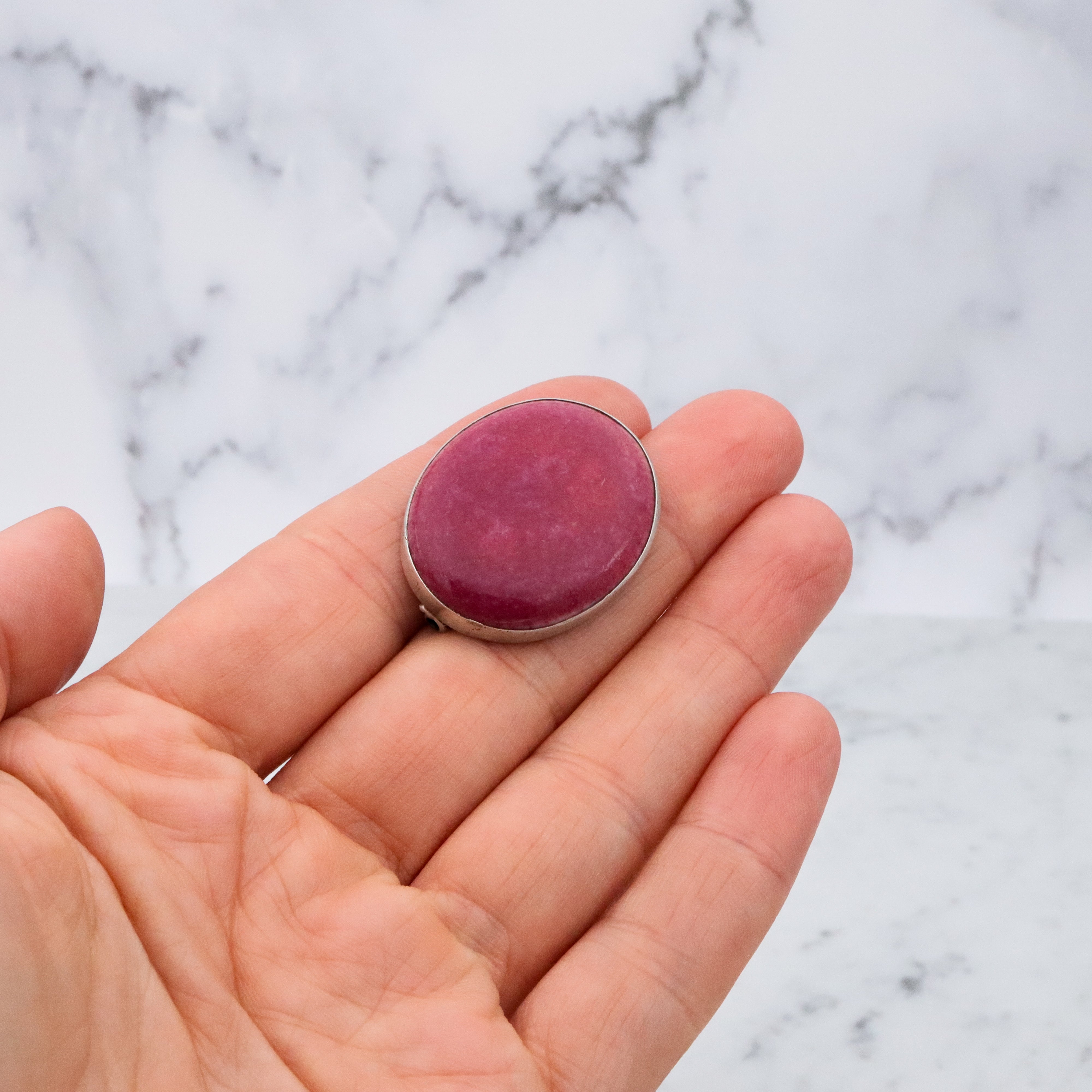 Antique Arts & Crafts rose red glazed pottery sterling brooch